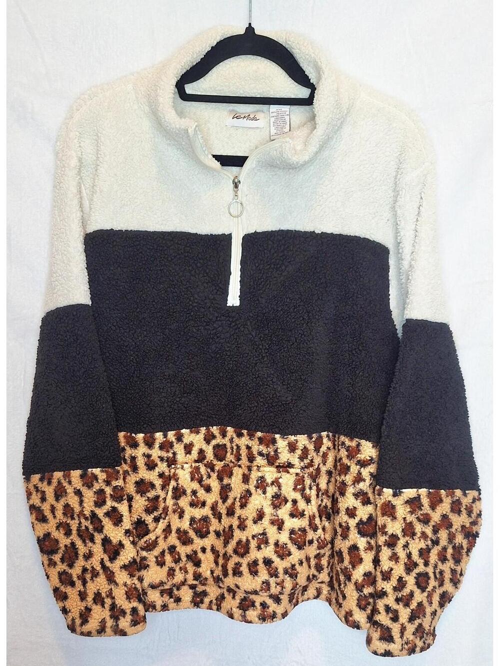 Le Moda Colorblock Leopard Sherpa Fleece Pullover - Cozy Teddy Quarter Zip - XXL